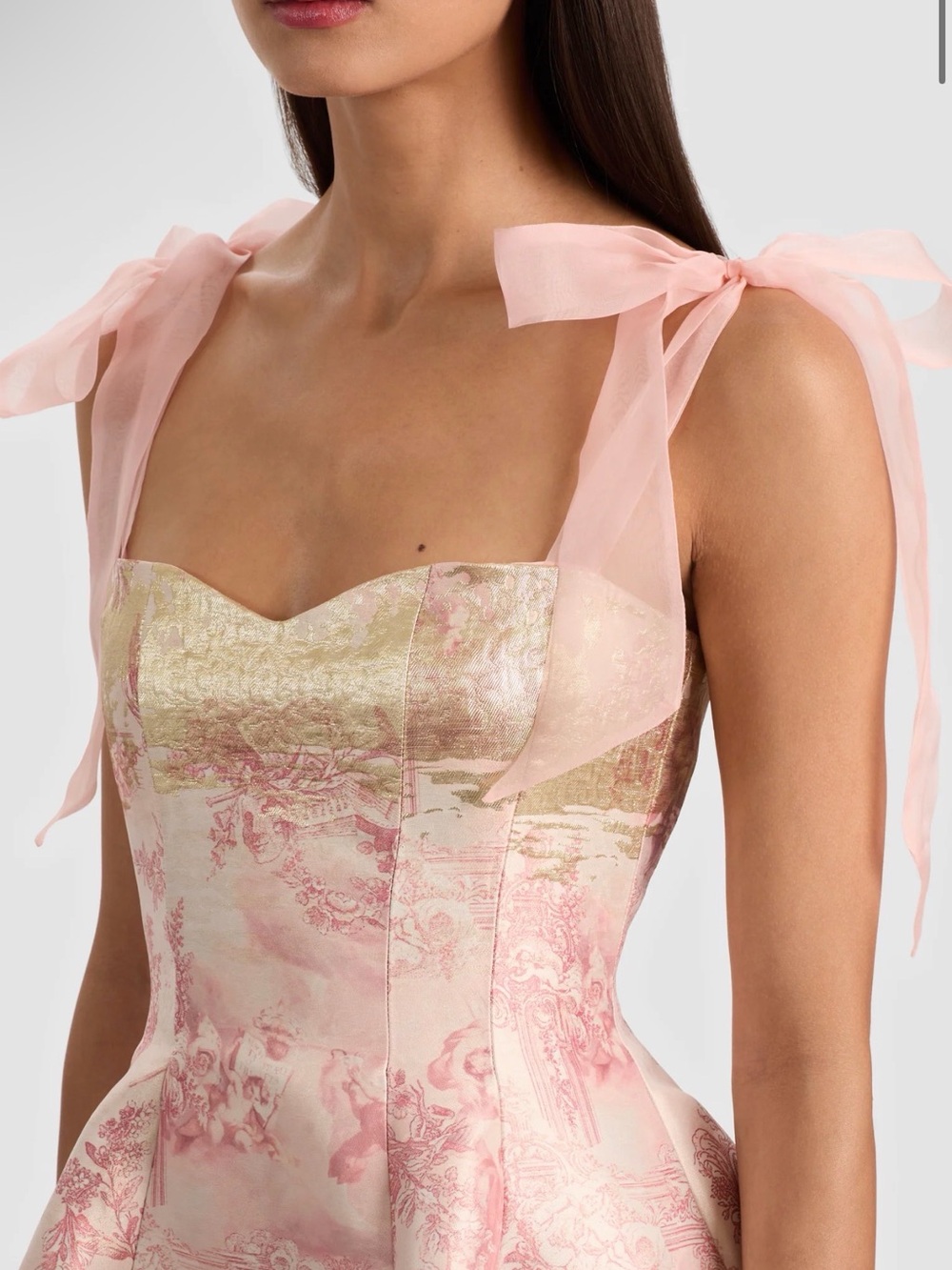 Alice and Olivia Tie-Shoulder Pink & Gold Brocade Mini Dress - Picture 3 of 4